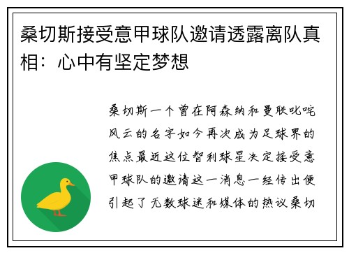 桑切斯接受意甲球队邀请透露离队真相：心中有坚定梦想