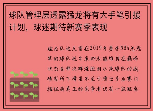 球队管理层透露猛龙将有大手笔引援计划，球迷期待新赛季表现